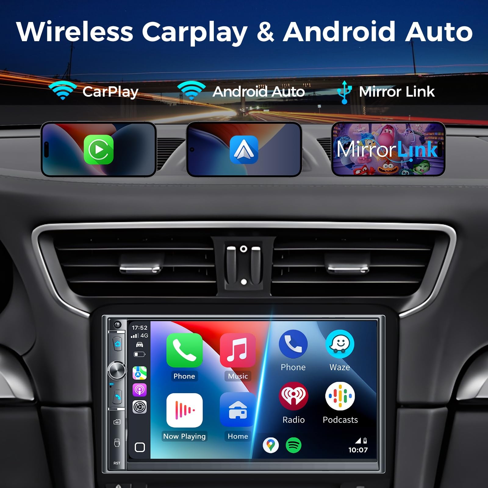 Kissound Double Din Car Stereo with 7″ HD Touchscreen, Wireless Apple