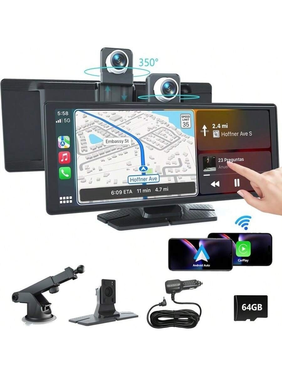 10.26″ Wireless CarPlay Touchscreen with 2.5K+1080P Dash Cam & 64GB Card