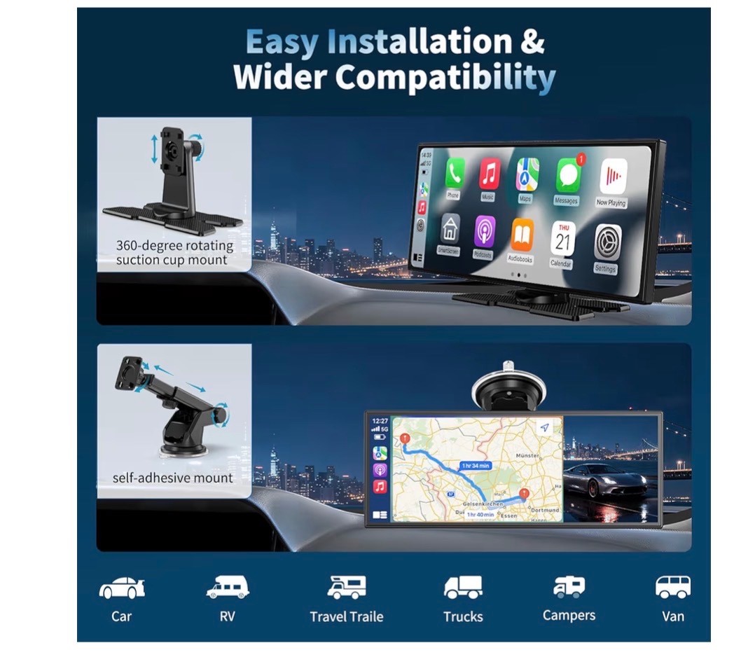 Wireless Carplay Screen for Car, 9″ Extra Large A-pple CarPlay & Android Auto Sc