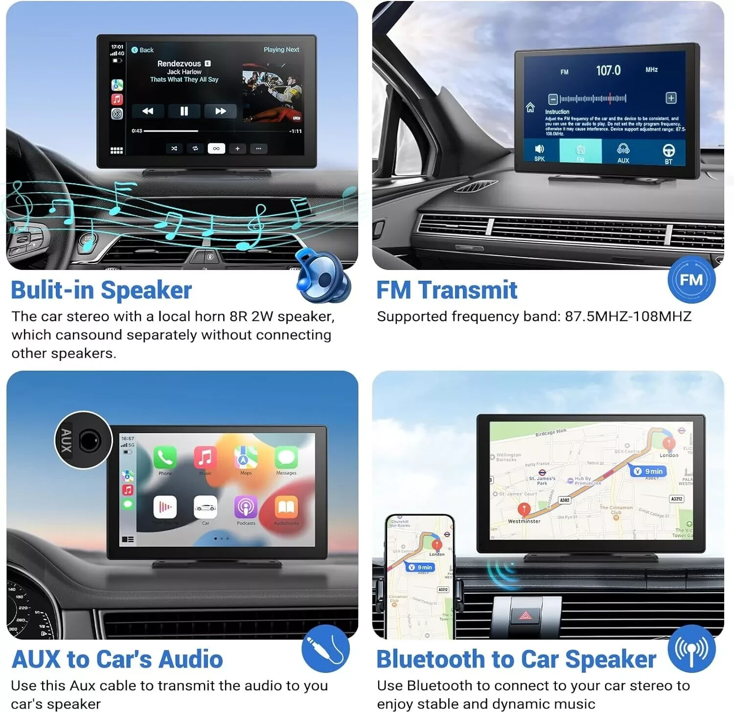 Wireless Carplay Touchscreen 4K Dash Cam, 9″ Portable Apple Carplay Android Auto