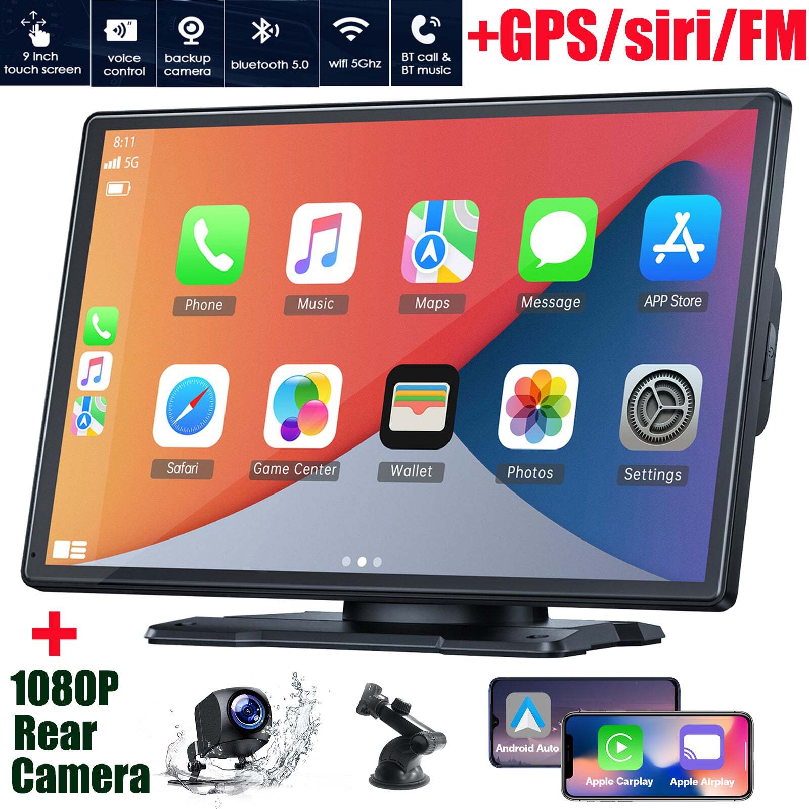 9 Inch HD Touch Screen Portable Apple CarPlay &Android Auto Car Stereo+Rear Cam