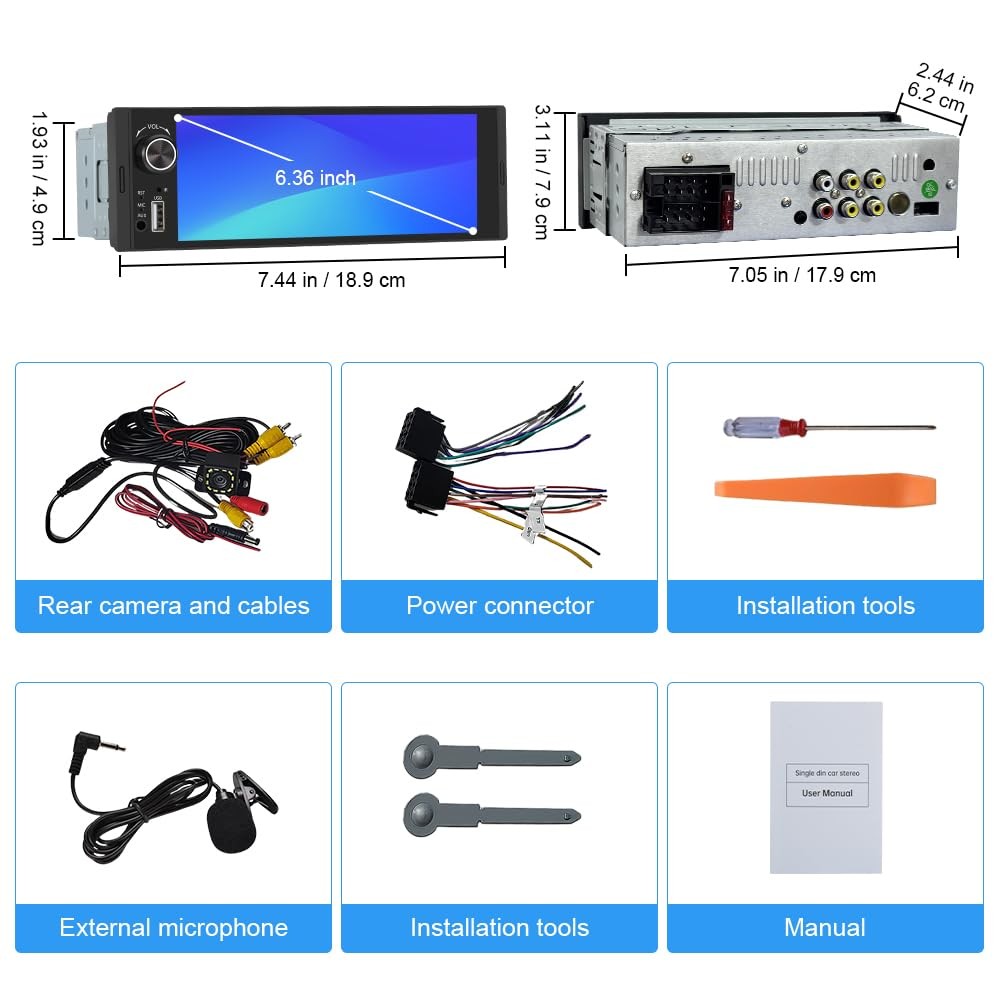 Pyniro Single Din Car Stereo, 6.36 Inch CarPlay & Android Auto HD IPS Black