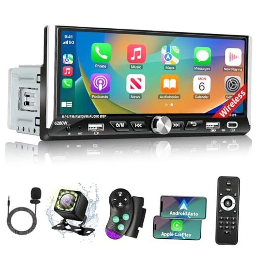 Single Din Car Stereo with Wireless Apple Carplay Android Auto, 6.9″ 6.9 Inch