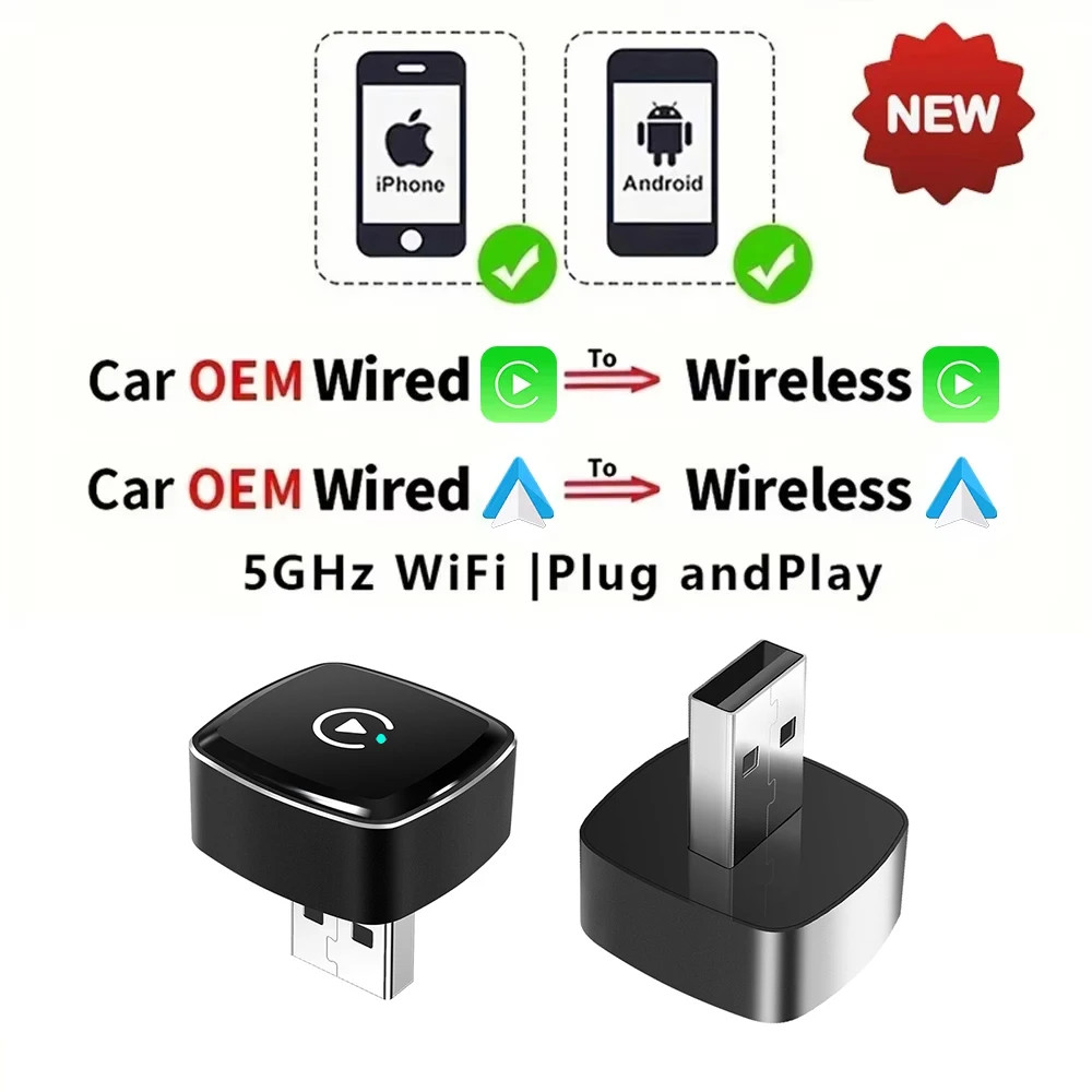 2In1 Wired to Wireless Carplay Android Auto Adapter for OEM Car Stereo with USB