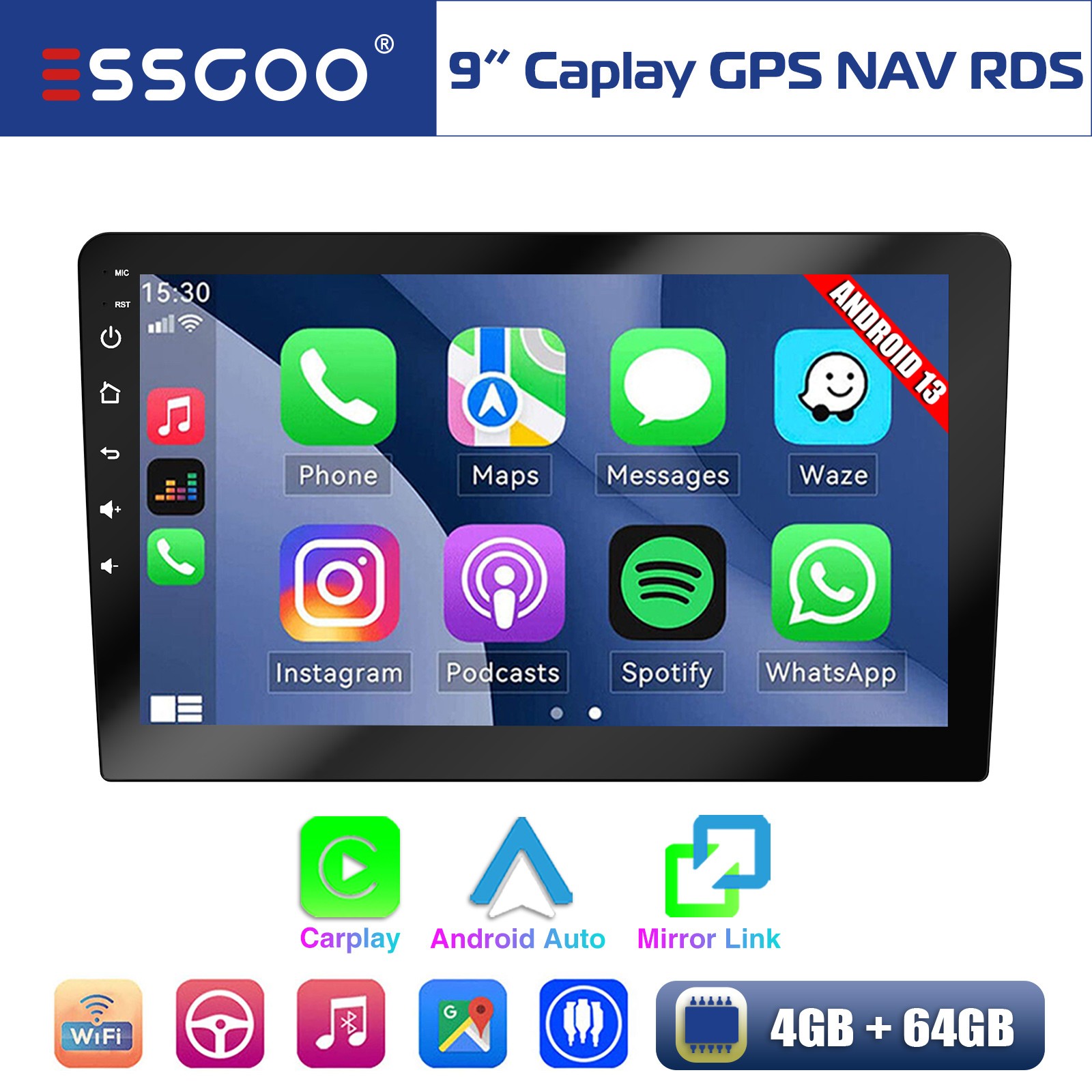 9″ Android 13 Auto Car Stereo Carplay FM Radio GPS Navigation 2 DIN 4+64GB MP5