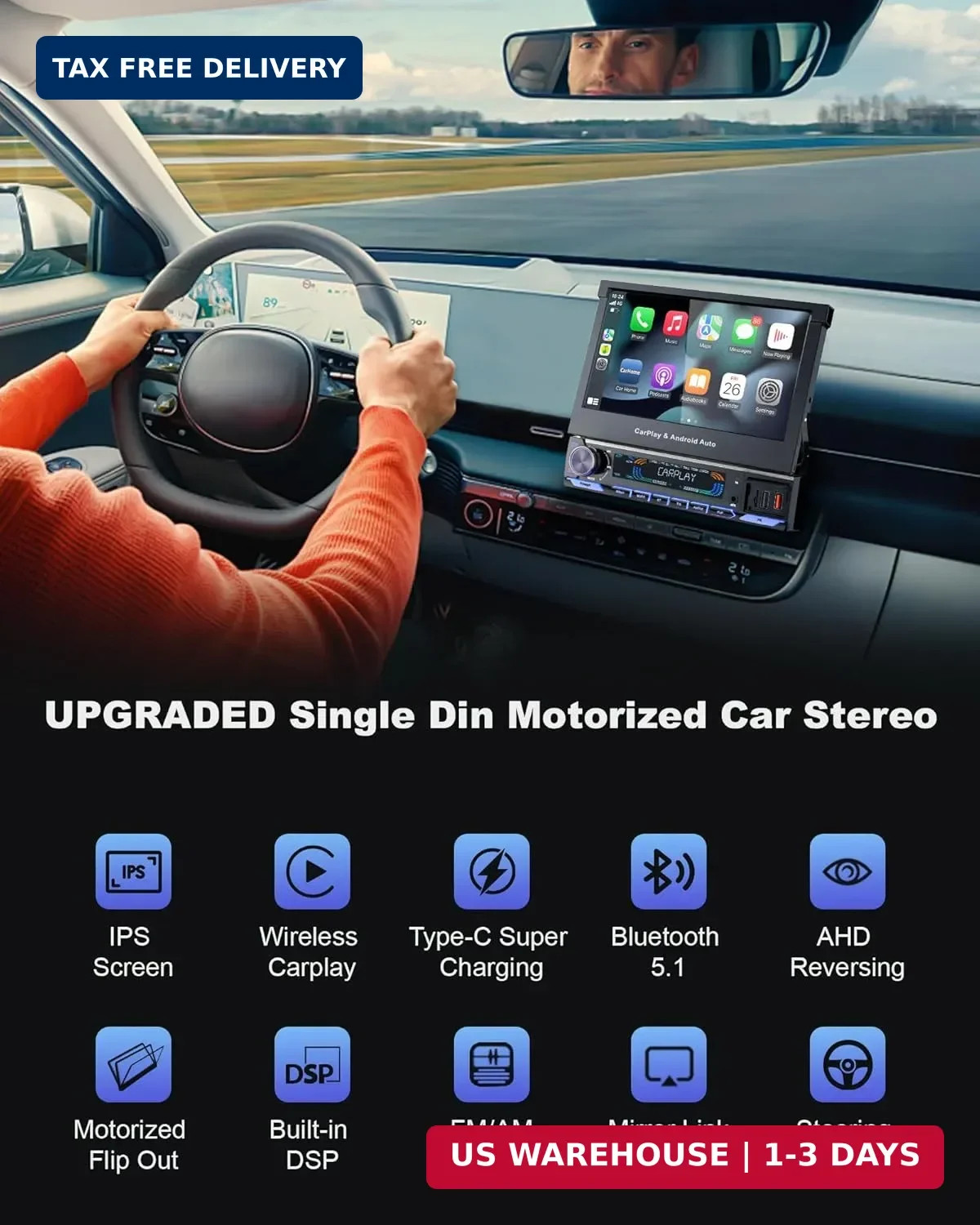 2026 Car Stereo with Wireless CarPlay & Auto, 7-inch HD motorized flip out