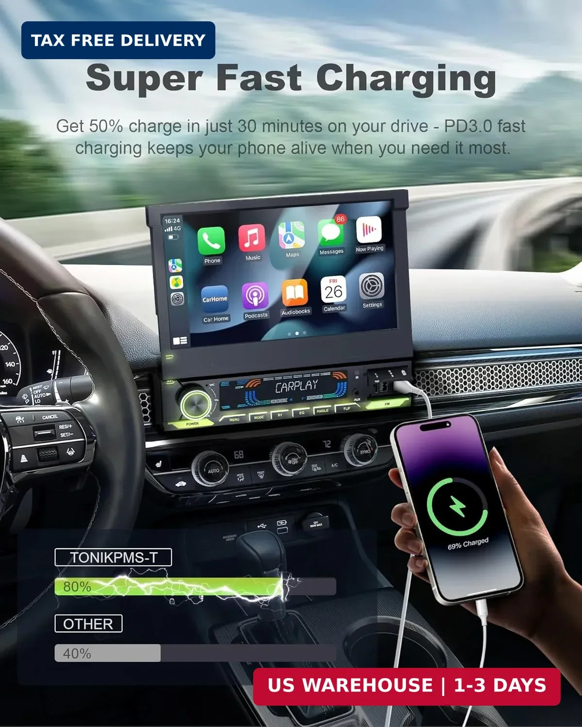 2026 Car Stereo with Wireless CarPlay & Auto, 7-inch HD motorized flip out