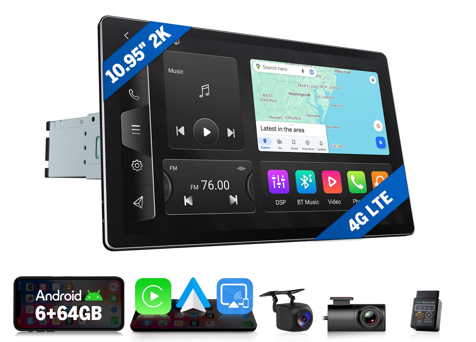 CAM+OBD+DVR+Wireless CarPlay GPS 10.95″ 2K 6+64 1DIN Car Stereo Android 13 Radio