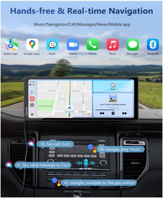 11.26″ Portable CarPlay & Android Auto Touchscreen with 4K Dash Cam