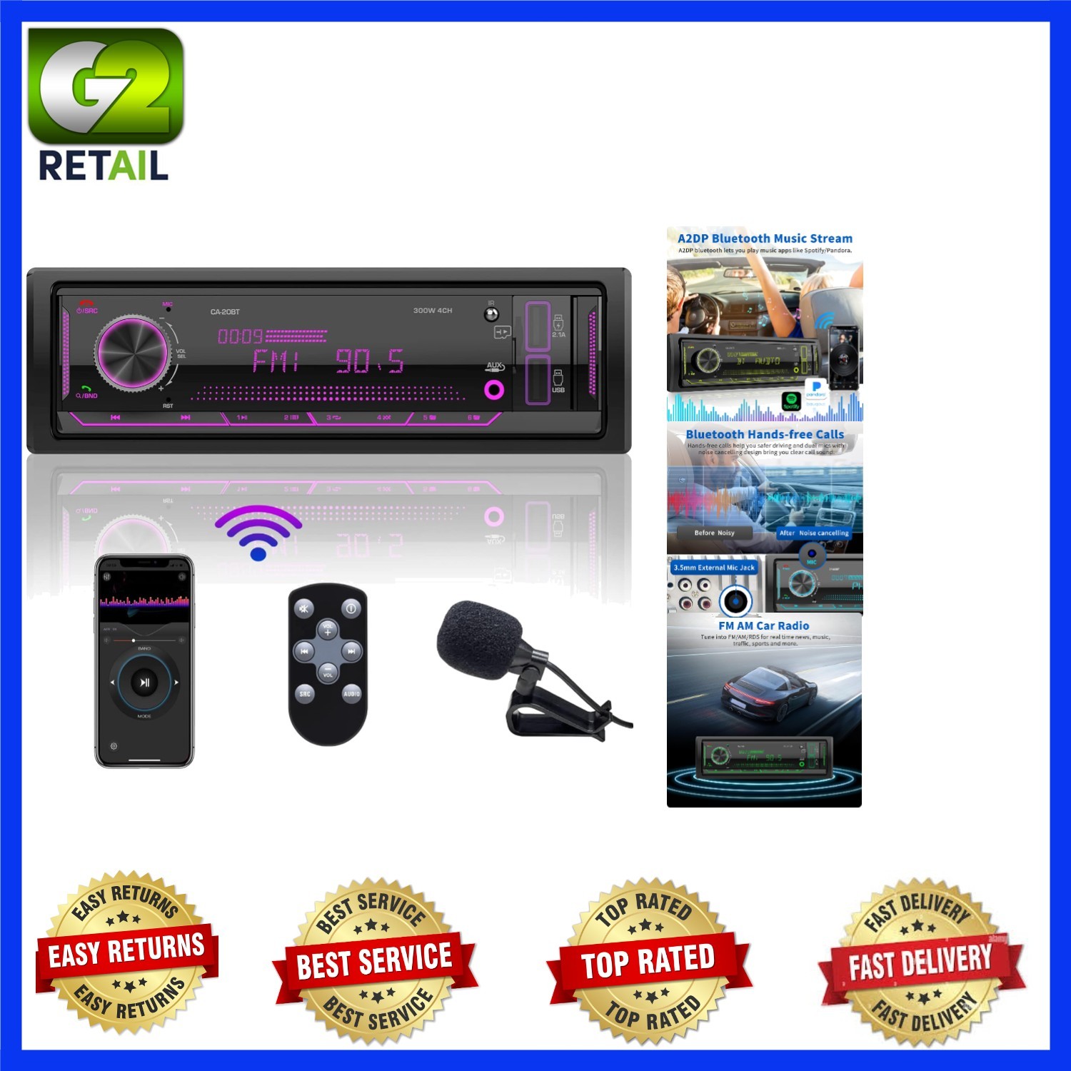 Car Stereo with 300W Sound Output, USB & AUX Inputs – Bluetooth Ready