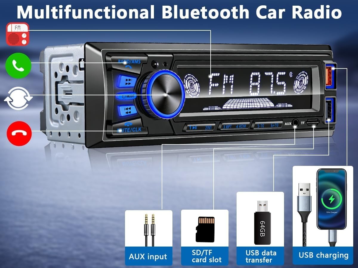 Bluetooth Single DIN Car Stereo – Fast Charging, 7 LED Modes & App Control