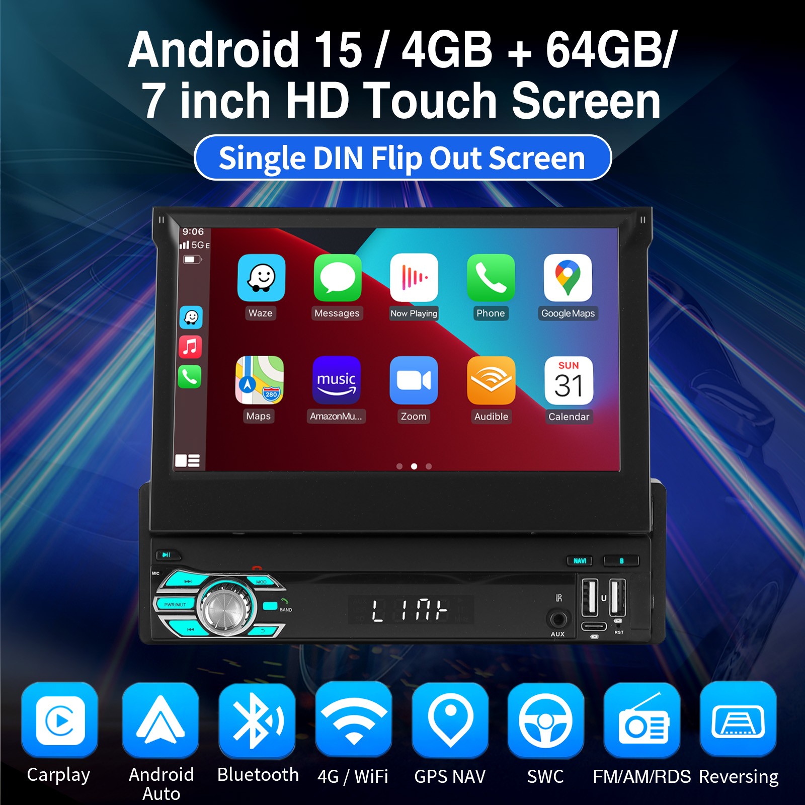 7″ Single 1 DIN Apple CarPlay Android Auto Car Stereo Radio Flip Out 4+64G MP5