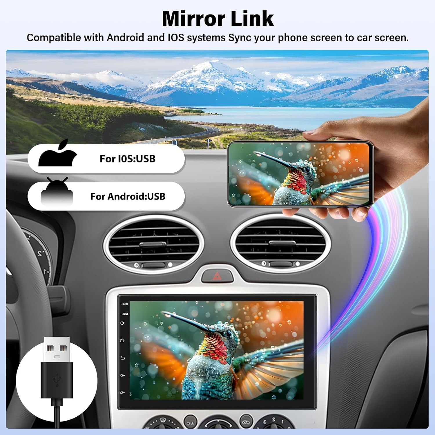Double 2 Din Car Apple/Andriod Car Play Touch Screen Stereo Bluetooth Radio SWC