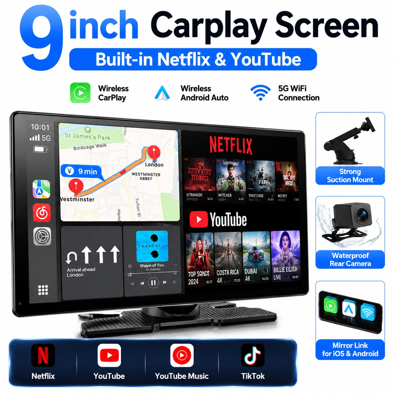 3-in-1 9’Carplay Screen Wireless AI Video BOX with Net-Flix YouTube +Rear Camera