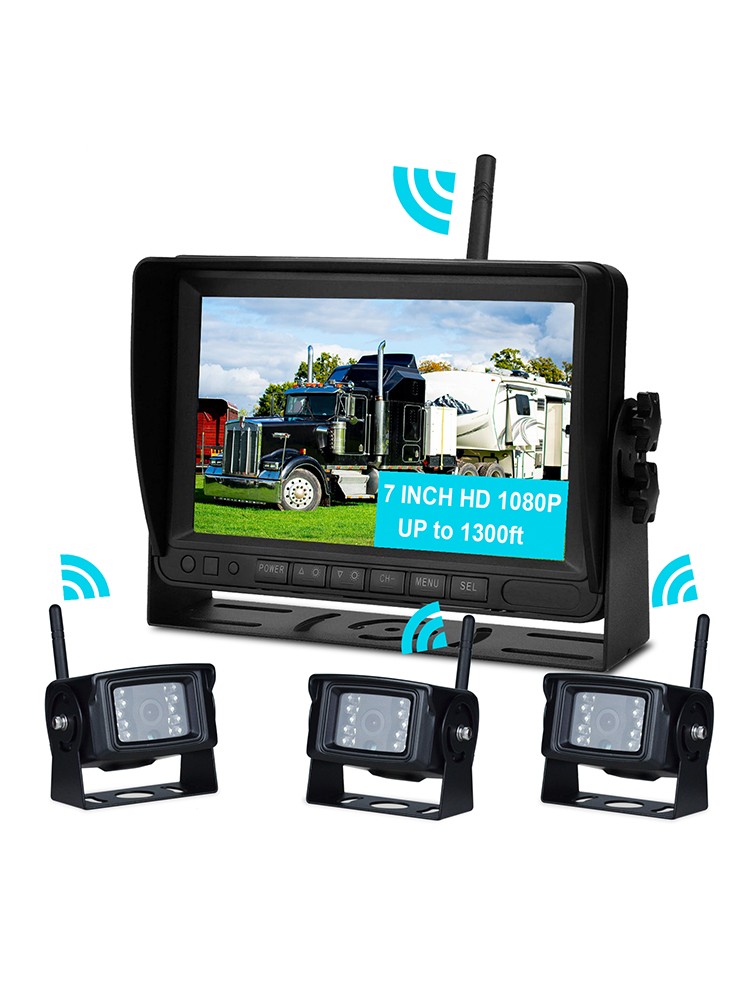 7″ Display AHD 1080P Wireless 3CH Rear View Backup Camera Kit for Truck Trailer