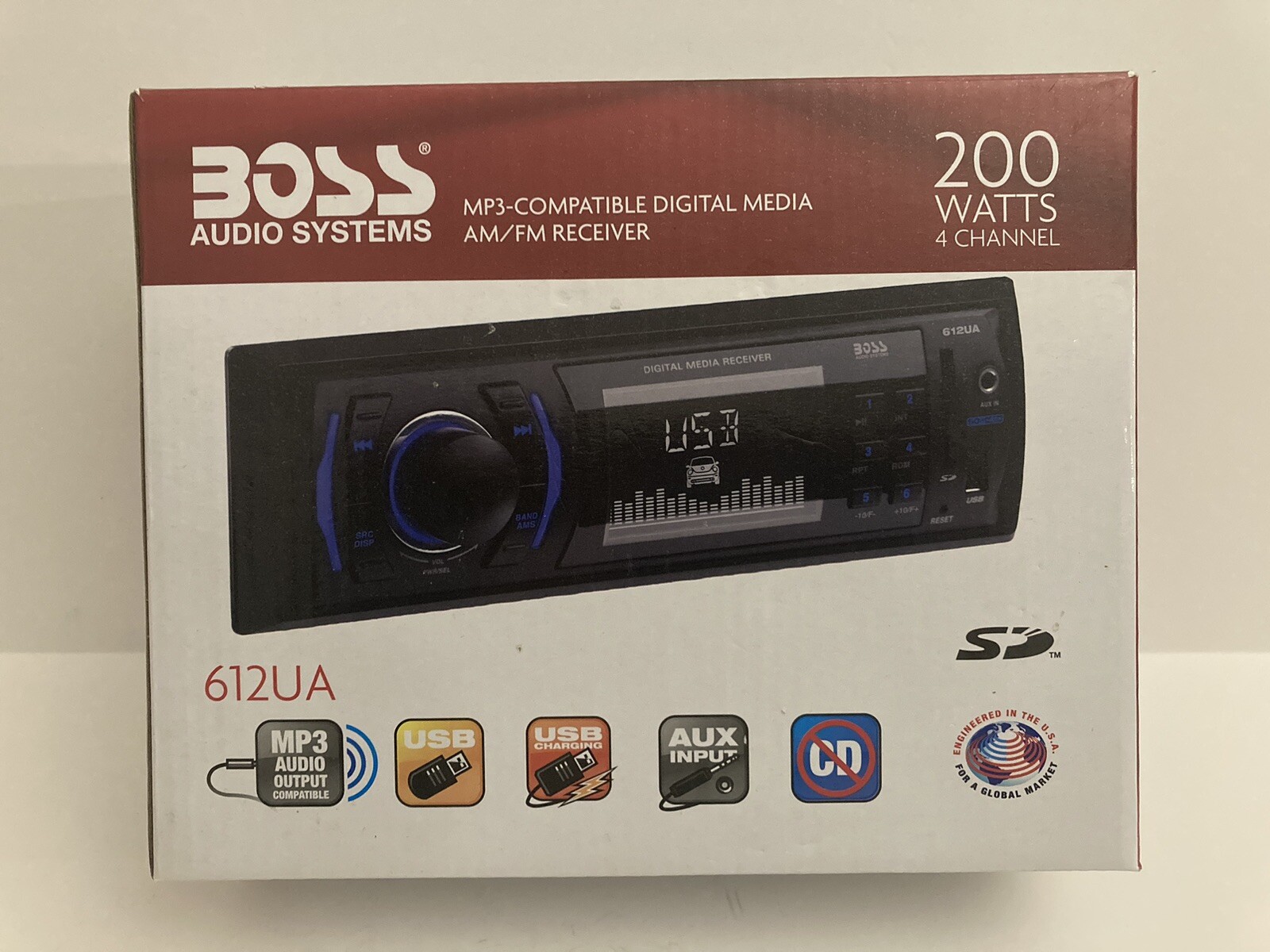 BOSS AUDIO 612UA MP3-Compatible Media am/fm Reciever 200 Watts 4 channel. NEW.