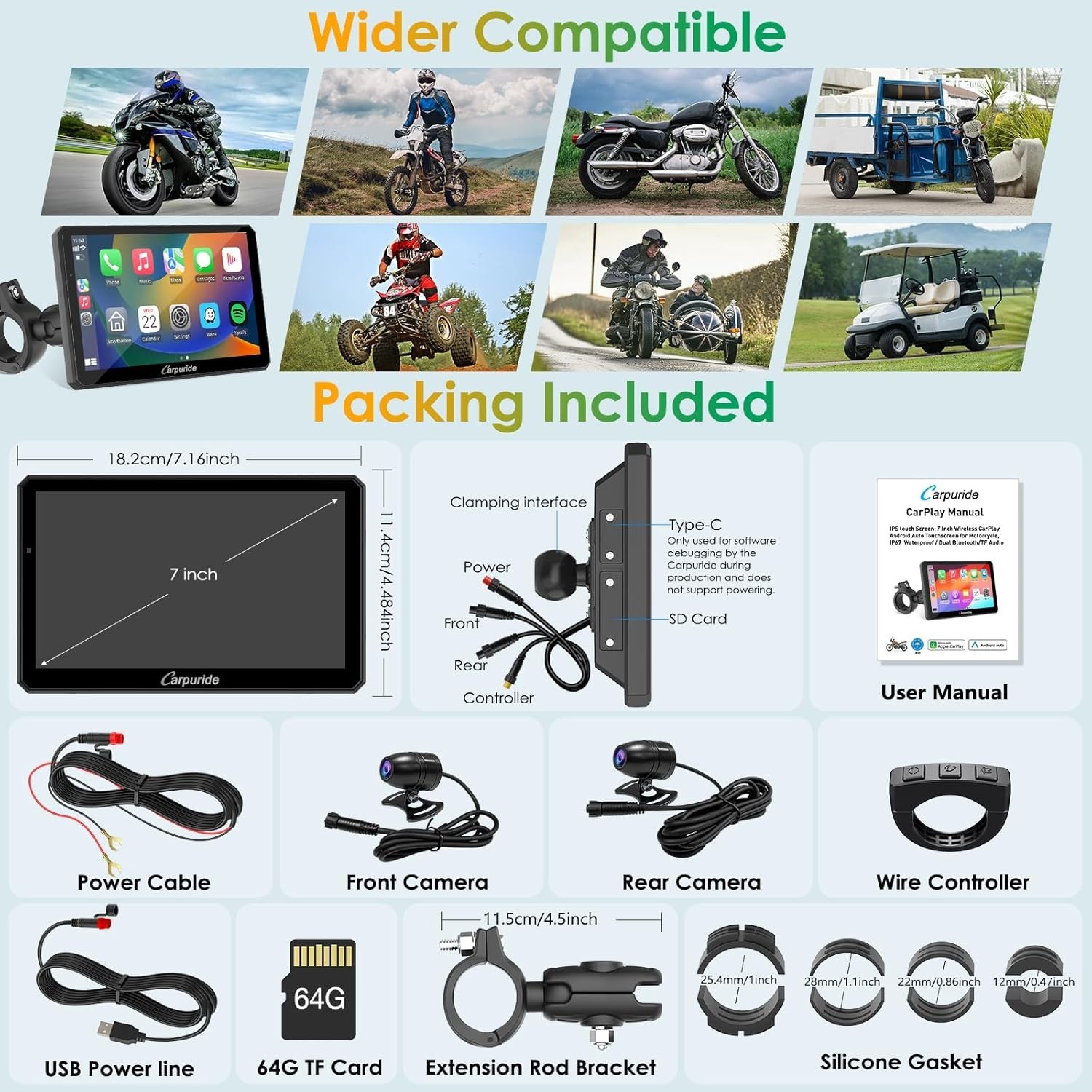 Carpuride W712D Moto CarPlay Android Auto Waterproof Touchscreen Wired Controlle