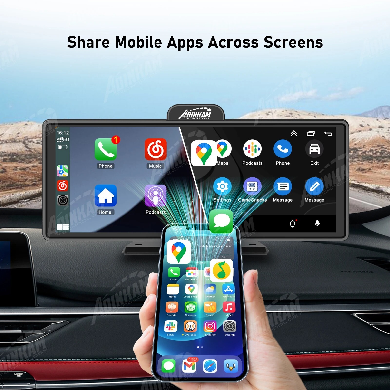 Portable Carplay screen for car with wireless carplay, android auto, bluetooth,