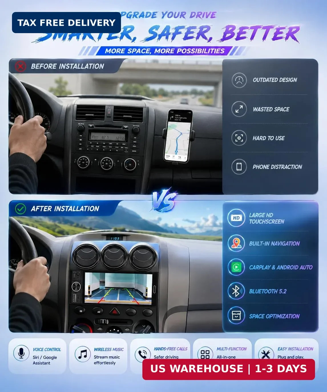 6.5″ Wireless Single Din Car Stereo with Apple CarPlay 720×1280 HD in Cell Touch