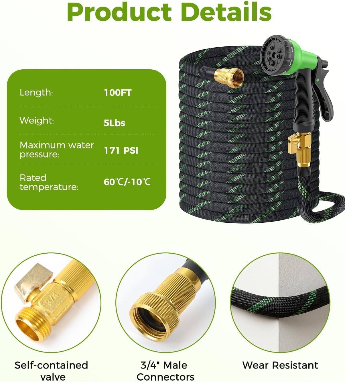 100ft Garden Hose, Non-Expandable Water Hose with 8 Function Spray Nozzle, Light