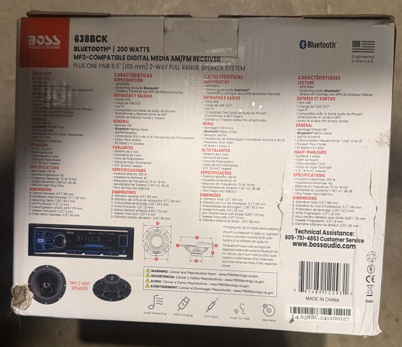 Boss Audio 638BCK Single DIN Bluetooth Car Stereo- New /Damaged Box