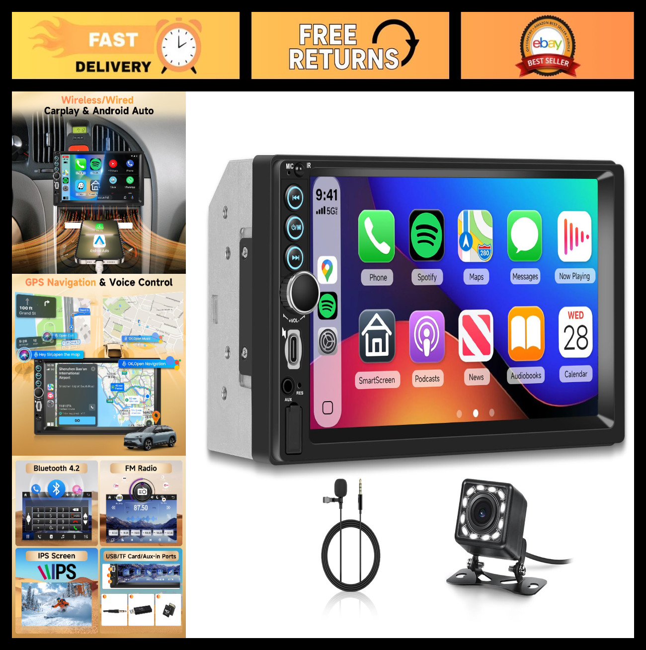 7″ Double Din Car Stereo – HD Touchscreen, Wireless CarPlay, Android Auto, Bluet