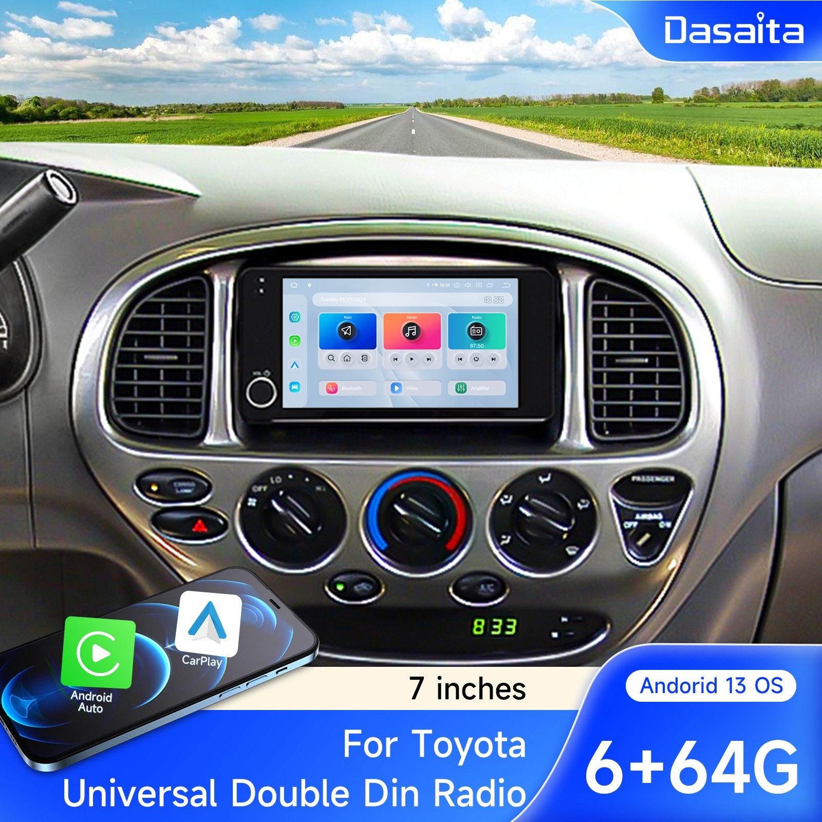 Dasaita 7” Double Din Car Radio for Toyota Universal Stereo WiFi CarPlay GPS