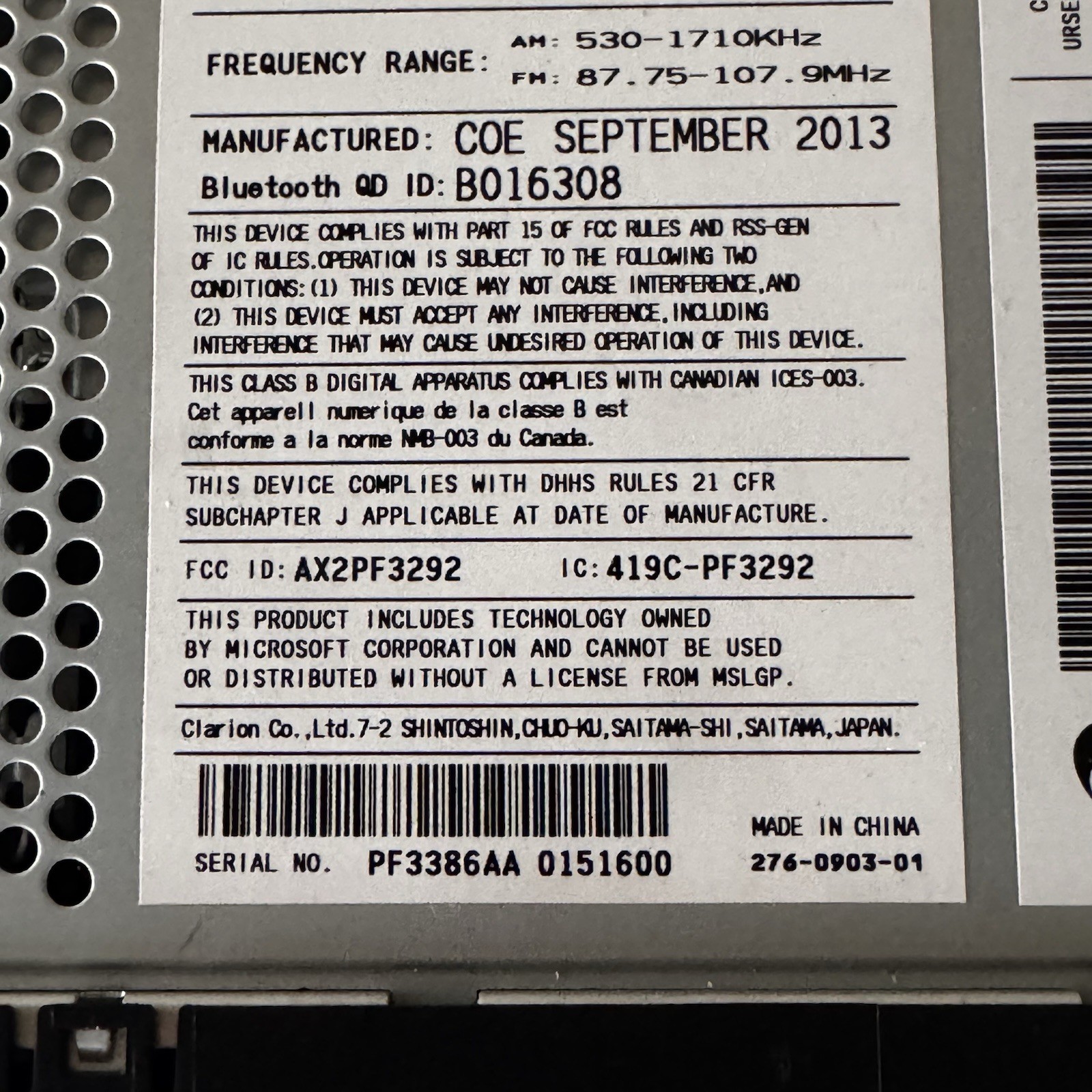 12-14 Subaru Impreza AM/FM CD MP3 Radio OEM 86201FJ620 PF-3386A-A Clarion