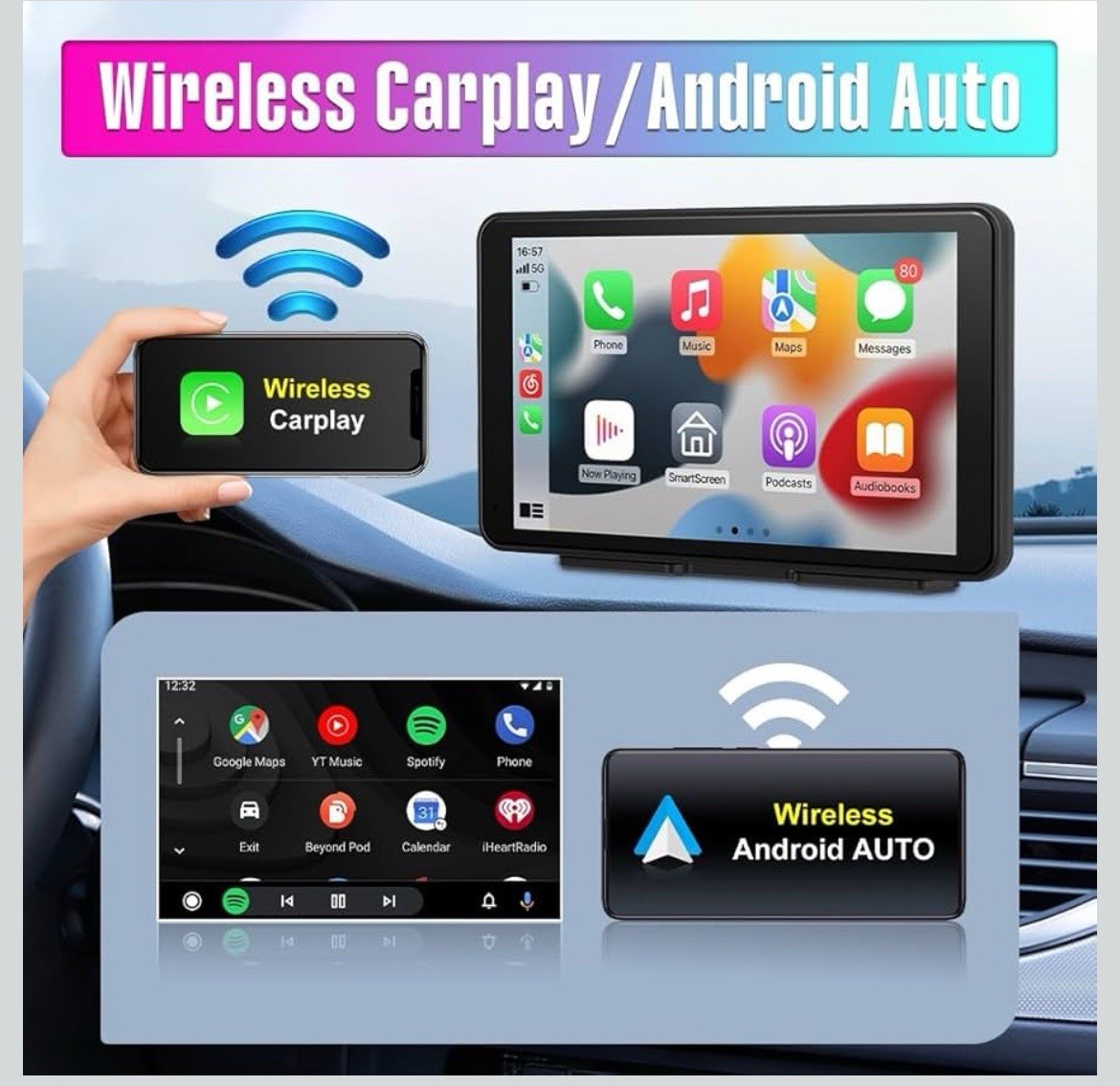 Universal Portable Wireless Carplay Screen Android Auto 7 Inch Touchscreen