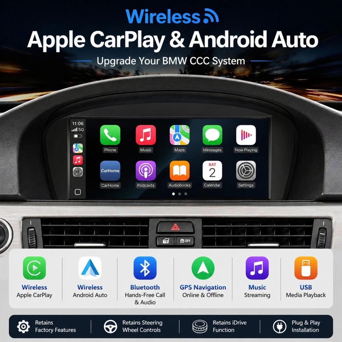 8.8″ Linux Wireless CarPlay Android Auto Screen BMW E90 E60 E63 CCC 2005-2008
