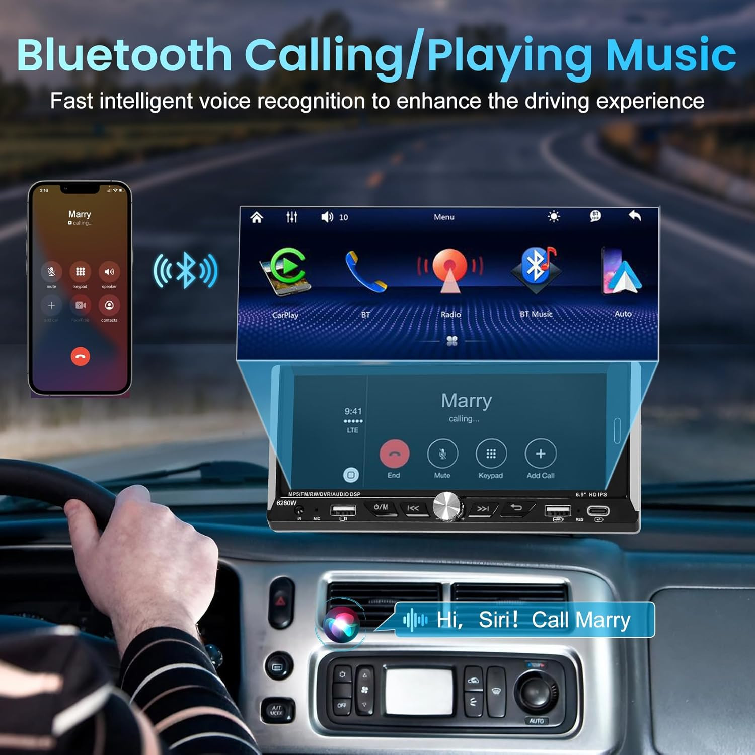 Single Din Car Stereo with Wireless Apple Carplay Android Auto, 6.9″ IPS Touchsc