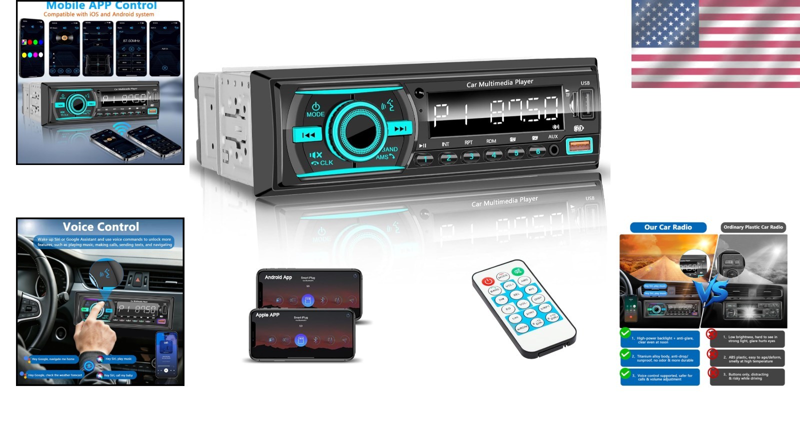 Bluetooth Car Stereo Radio with FM/AUX/SD, Dual USB, App Control, 7 LED Colors
