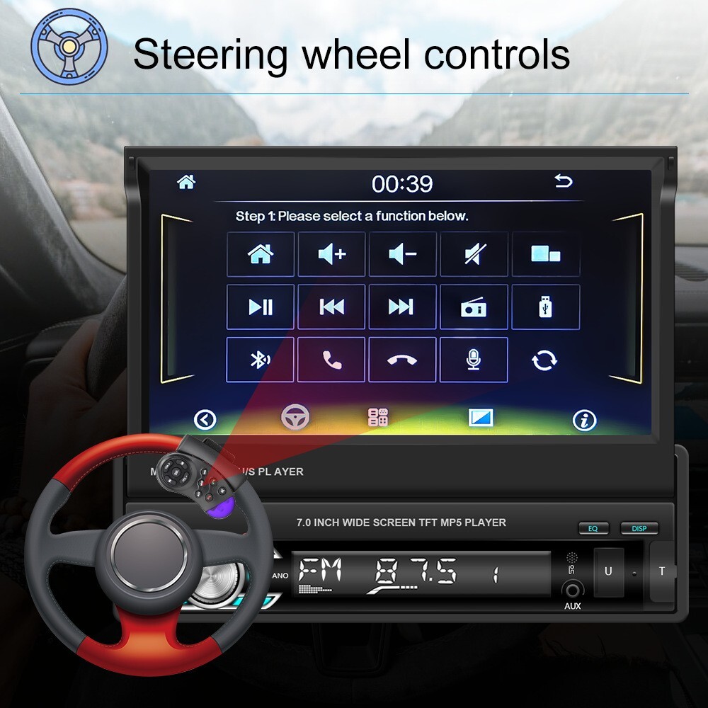 7″ Retractable Car MP5 Player with CarPlay, Android Auto 720P AHD Backup Camera