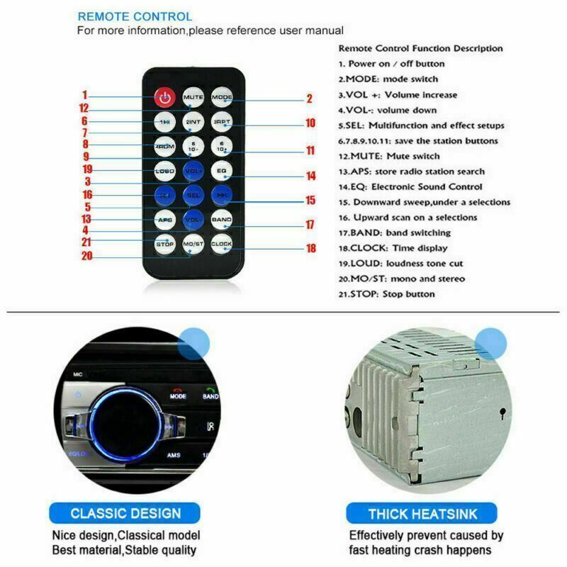 Bluetooth Car Stereo Audio In-Dash FM Aux Input Receiver SD USB MP3 Radio Player
