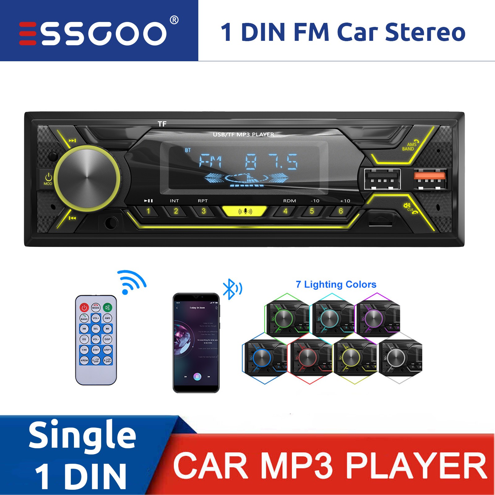 Single DIN Car Stereo Radio Audio MP3 Player USB Bluetooth Remote AUX Head Unit