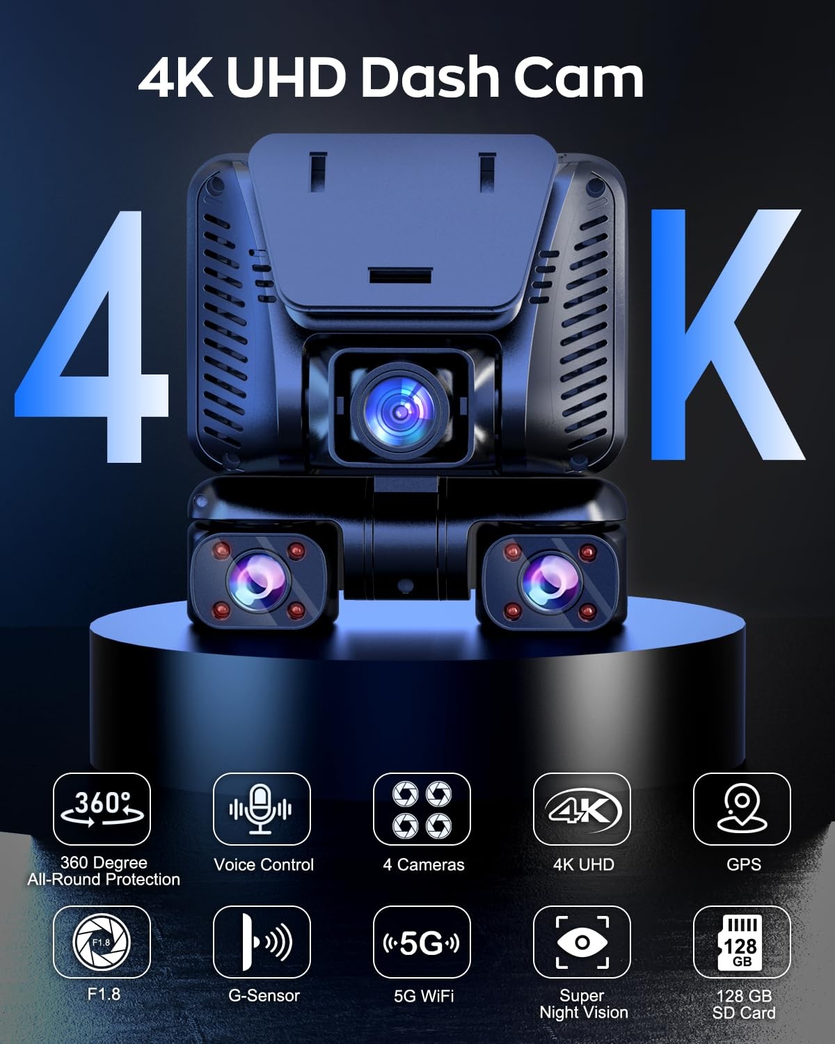4K Dash Cam 360° View 4-Channel Front Rear Camera, Built-in 5GHz Wi-Fi, GPS, Nig