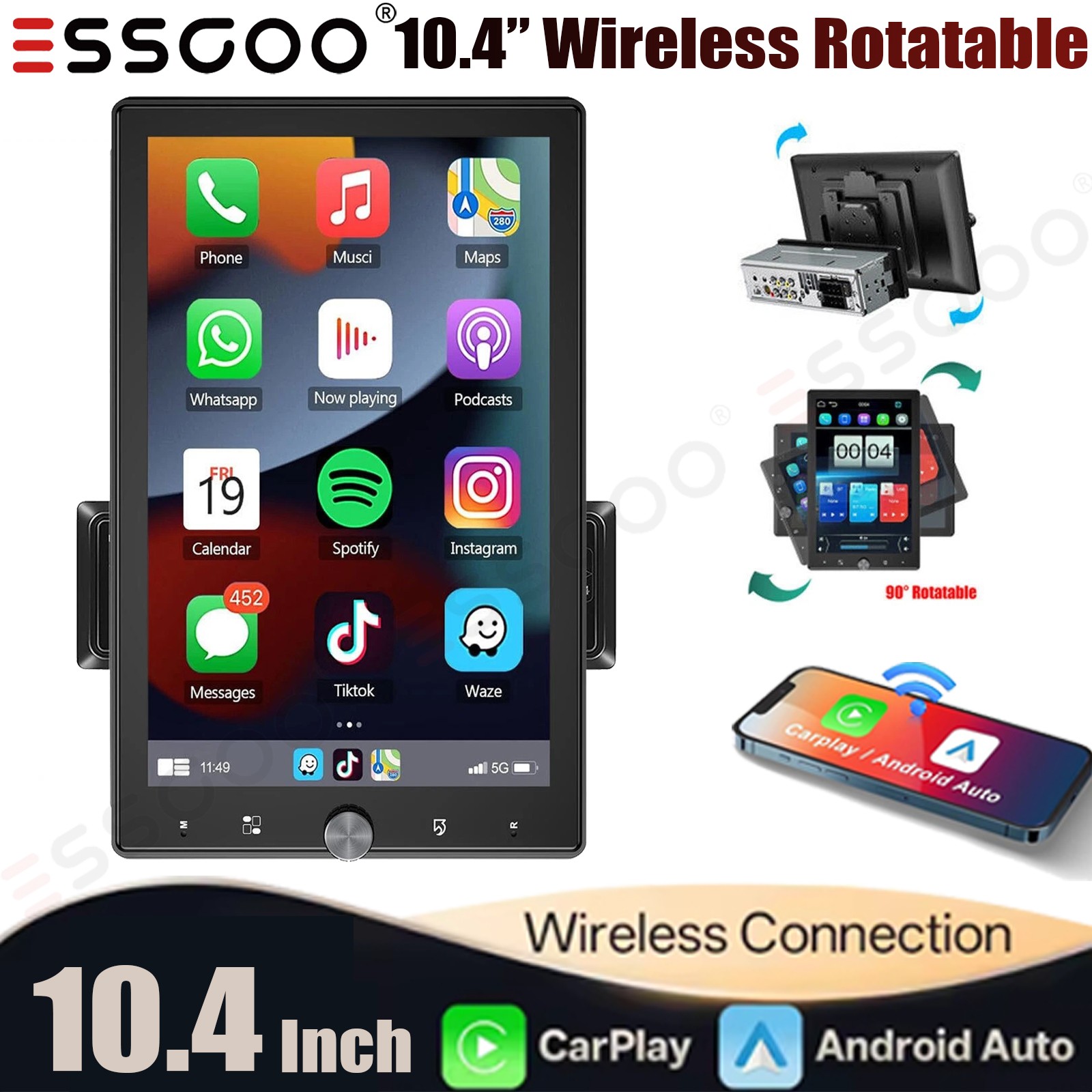 10.4″ Single 1 Din Rotatable Wireless Touch Screen Car Stereo Radio GPS CarPlay