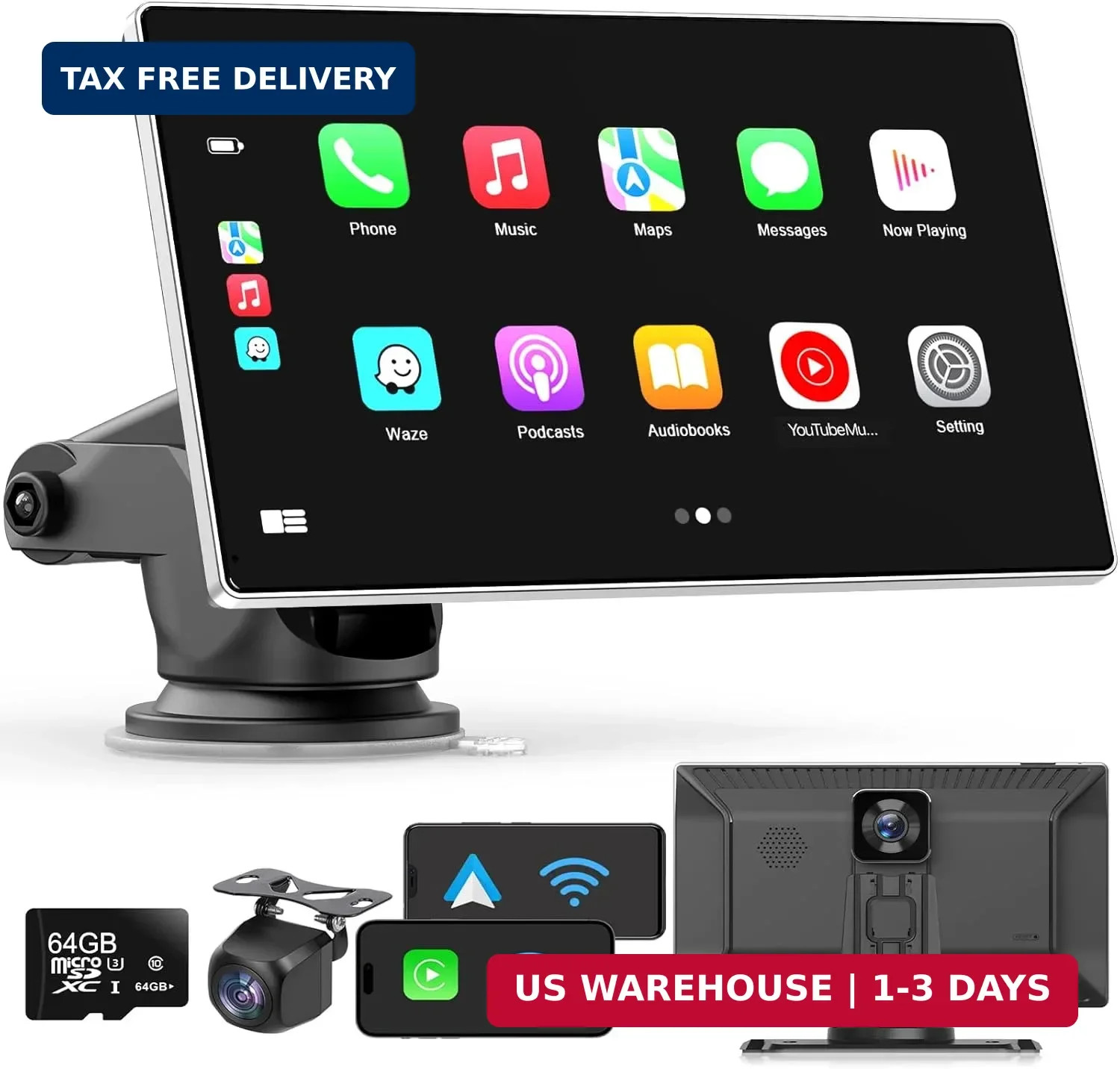 Madoec Portable Apple Carplay Screen for Car, 9″ Wireless Apple Carplay & Androi
