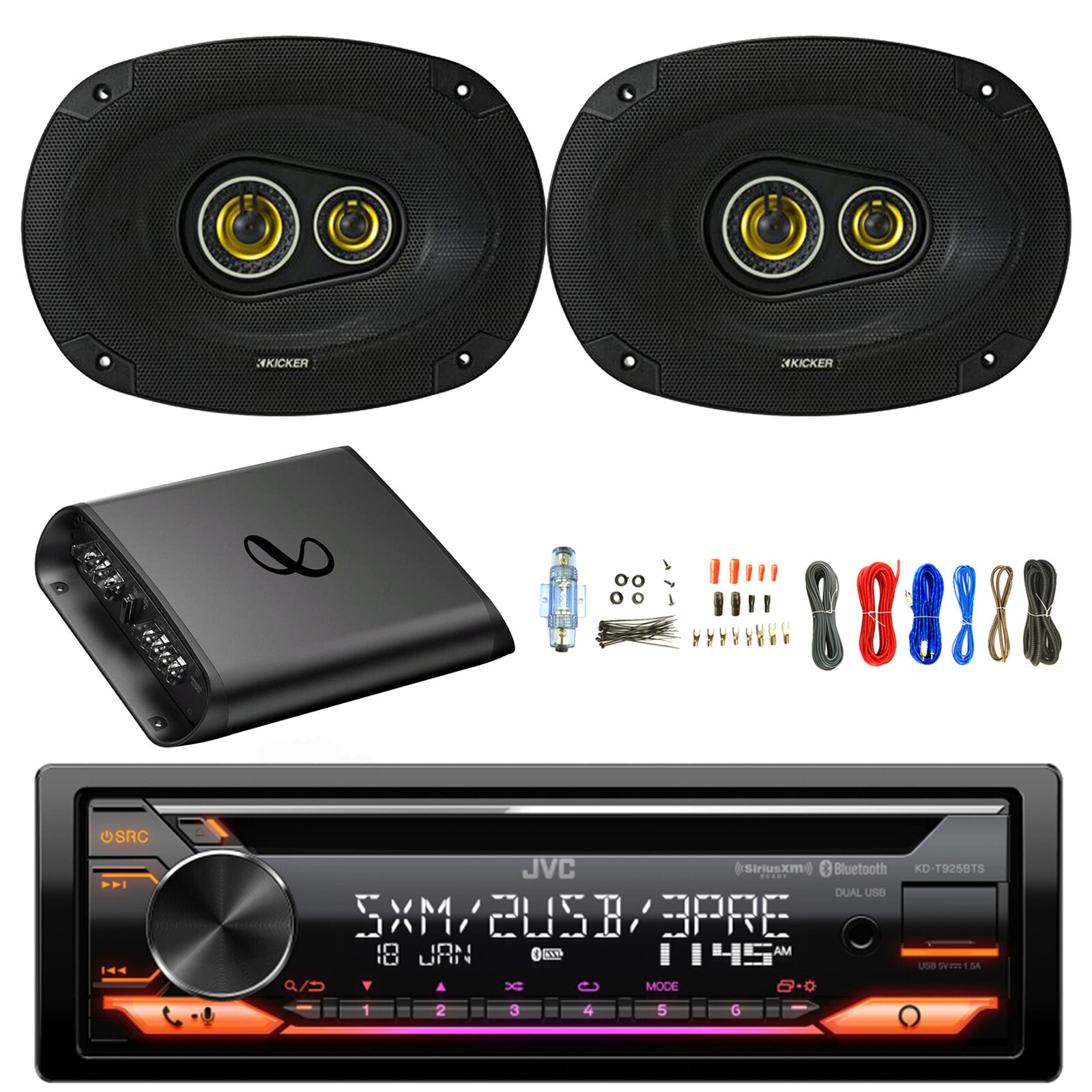 JVC Single DIN AM/FM Bluetooth CD Receiver, 2x 6×9″ 450W Car Speakers, Amp w/Kit