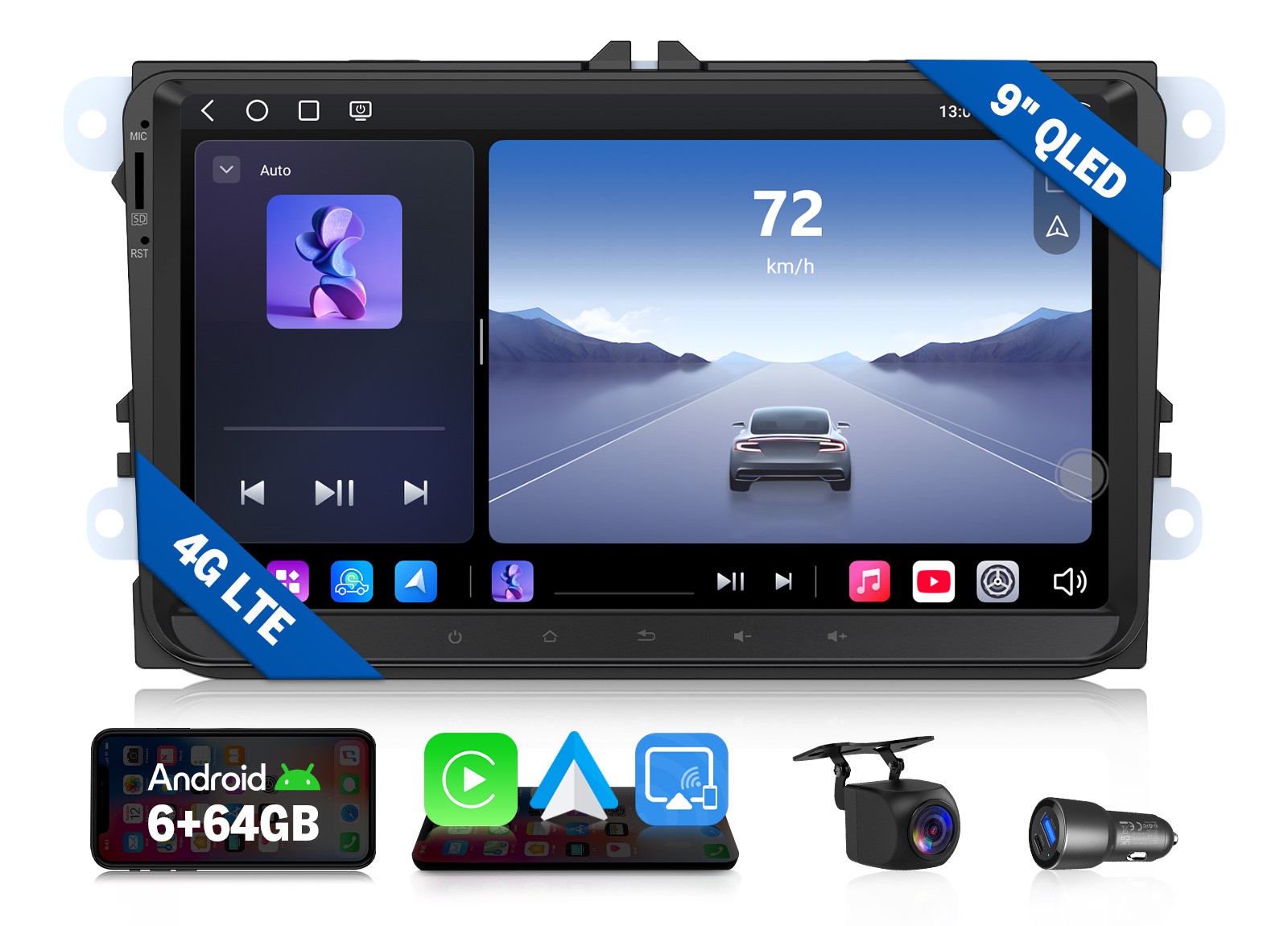 Android Auto 9″ QLED 6+64 for VW Volkswagen Car Stereo Radio CarPlay Plug & Play