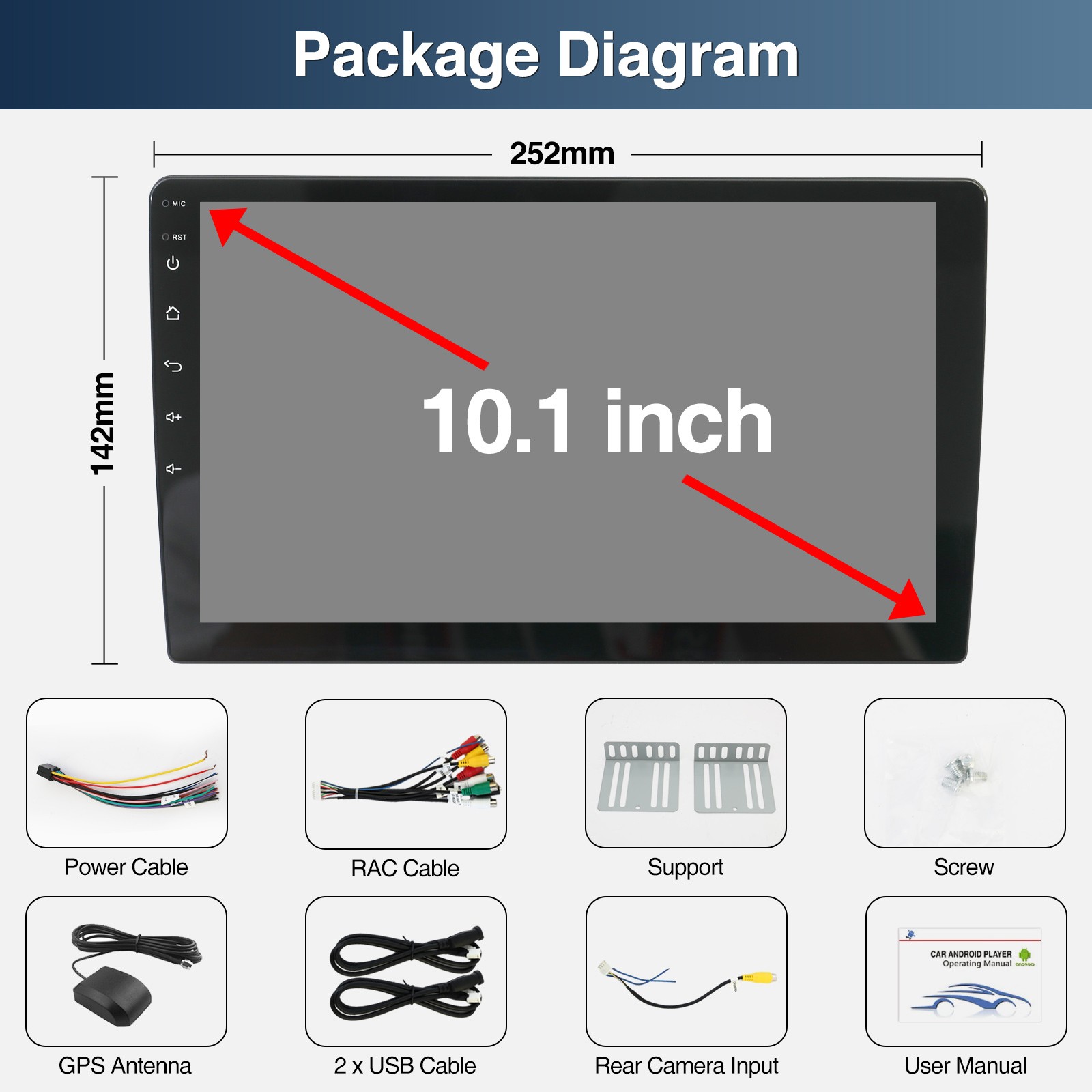 Car Stereo Radio Auto Carplay Android 16 10.1″ Double 2Din Touch Screen GPS WIFI