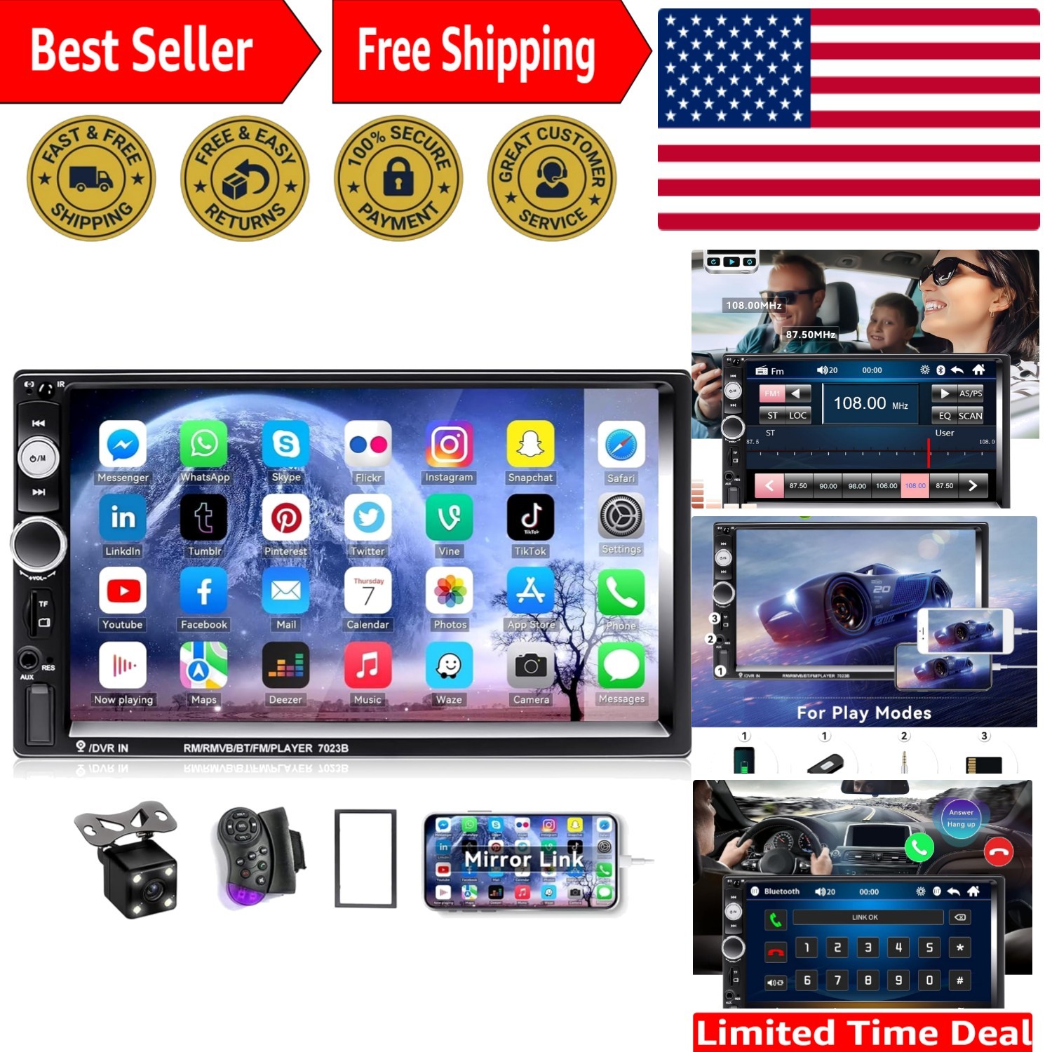 1080P Full HD Double Din Car Stereo with Bluetooth and Steering Wheel Remote