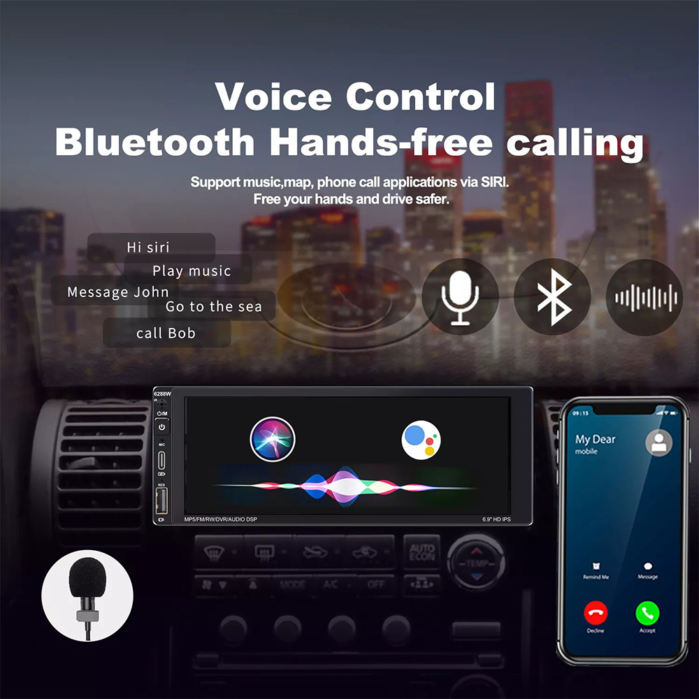 Single Din Car Stereo Wireless Apple CarPlay 6.9 Touchscreen Bluetooth Radio USB