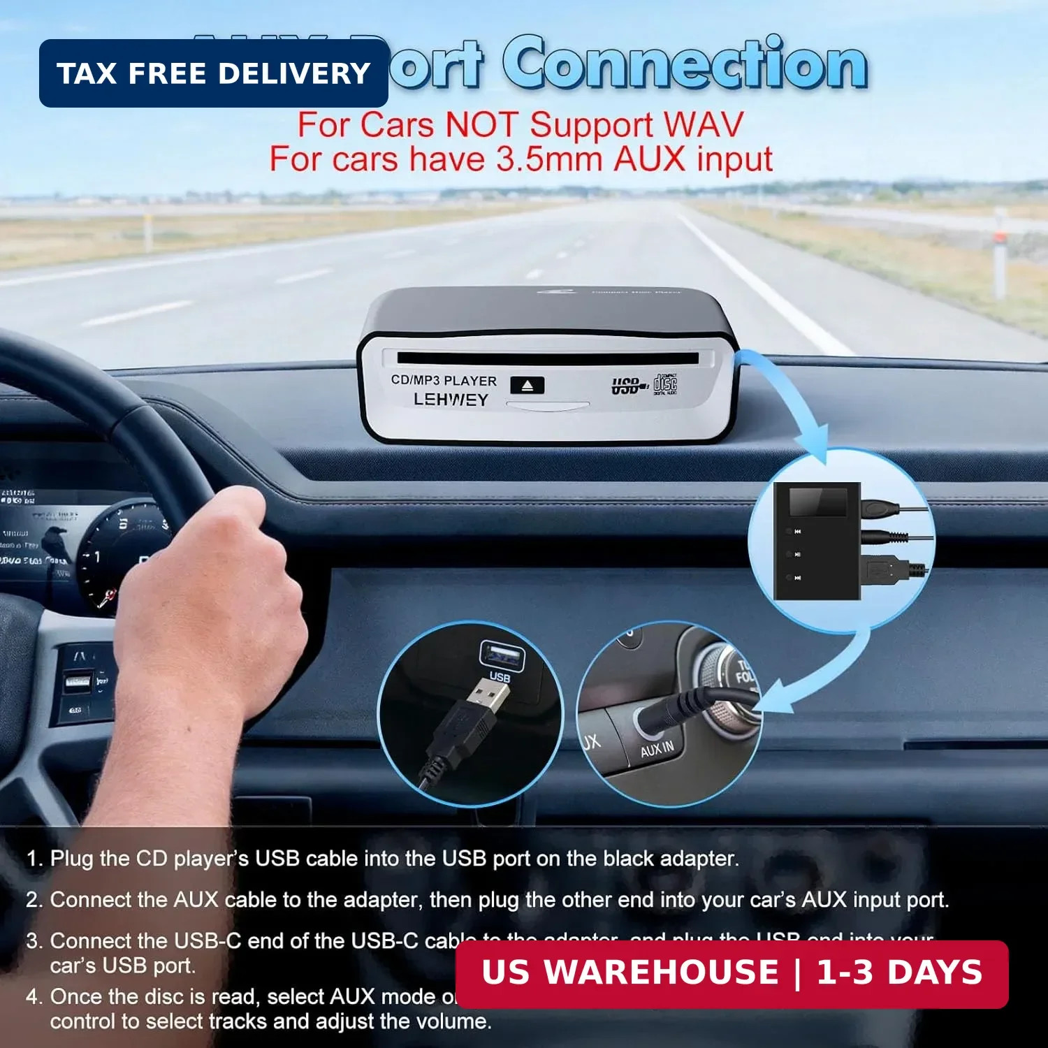 External Universal CD Player for Car – Portable Car CD Players with AUX Cable &