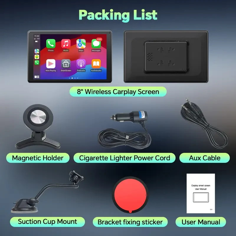 LAMTTO 8-inch Carplay Screen for cars, Suction cup Mount & Magnetic Holder