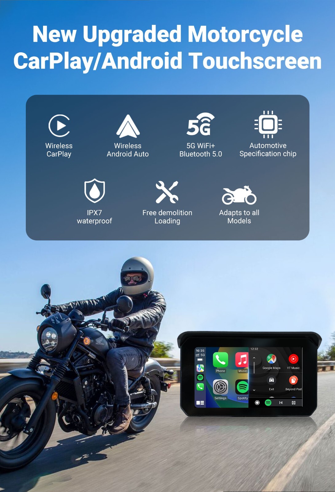 GPS Portable Motorcycle Navigator Wireless CarPlay Waterproof 5″IPS Touch Screen