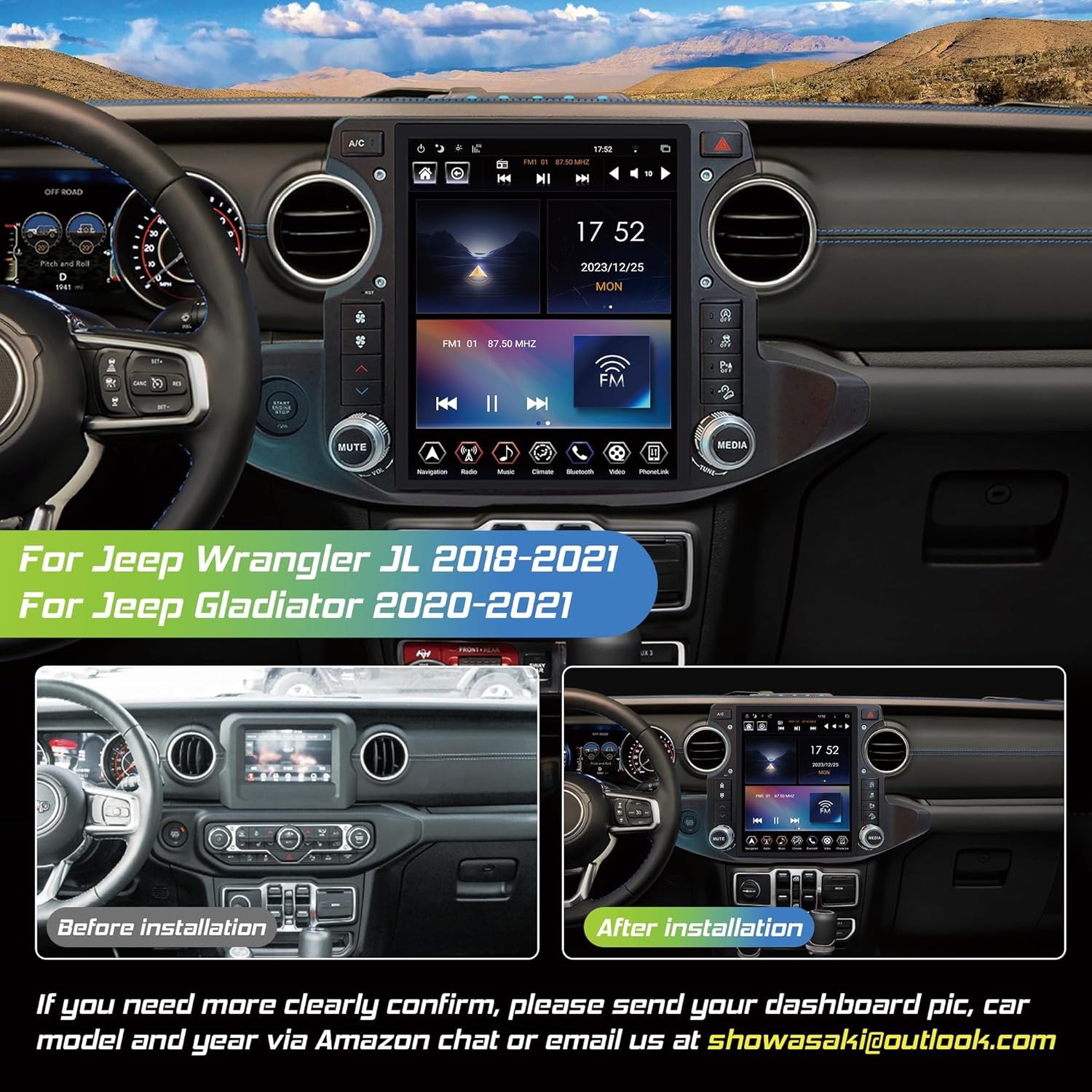 LINKSWELL 12.1″T-Style Radio Stereo for Jeep Wrangler JL Gladiator 2018-2023 GPS
