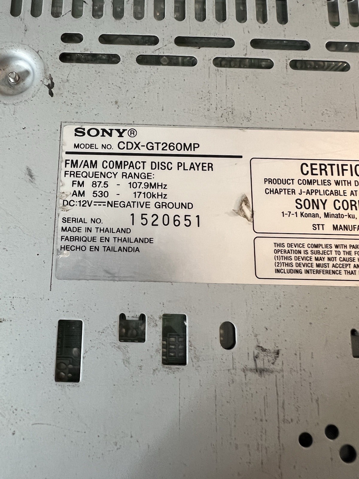 Sony CDX-GT260MP CD Player In Dash Receiver
