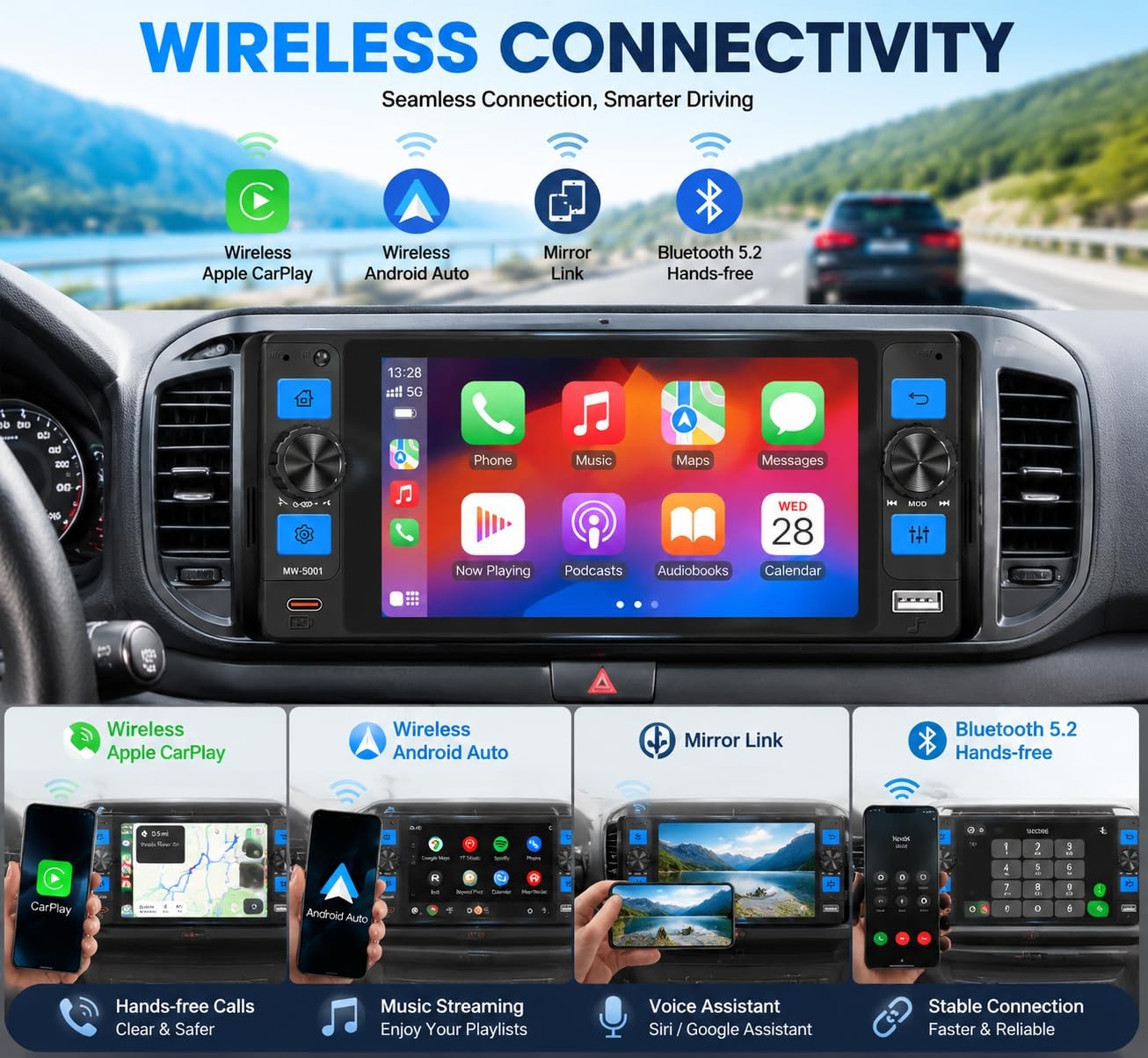 Single Din Car Stereo with Wireless Apple CarPlay, 5″ Touchscreen Car Radio |…