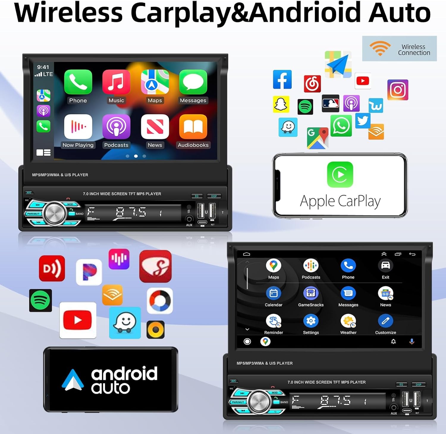 Single 1DIN Car Radio Stereo Touch Screen BT Flip out MP5 Player Carplay +Camera